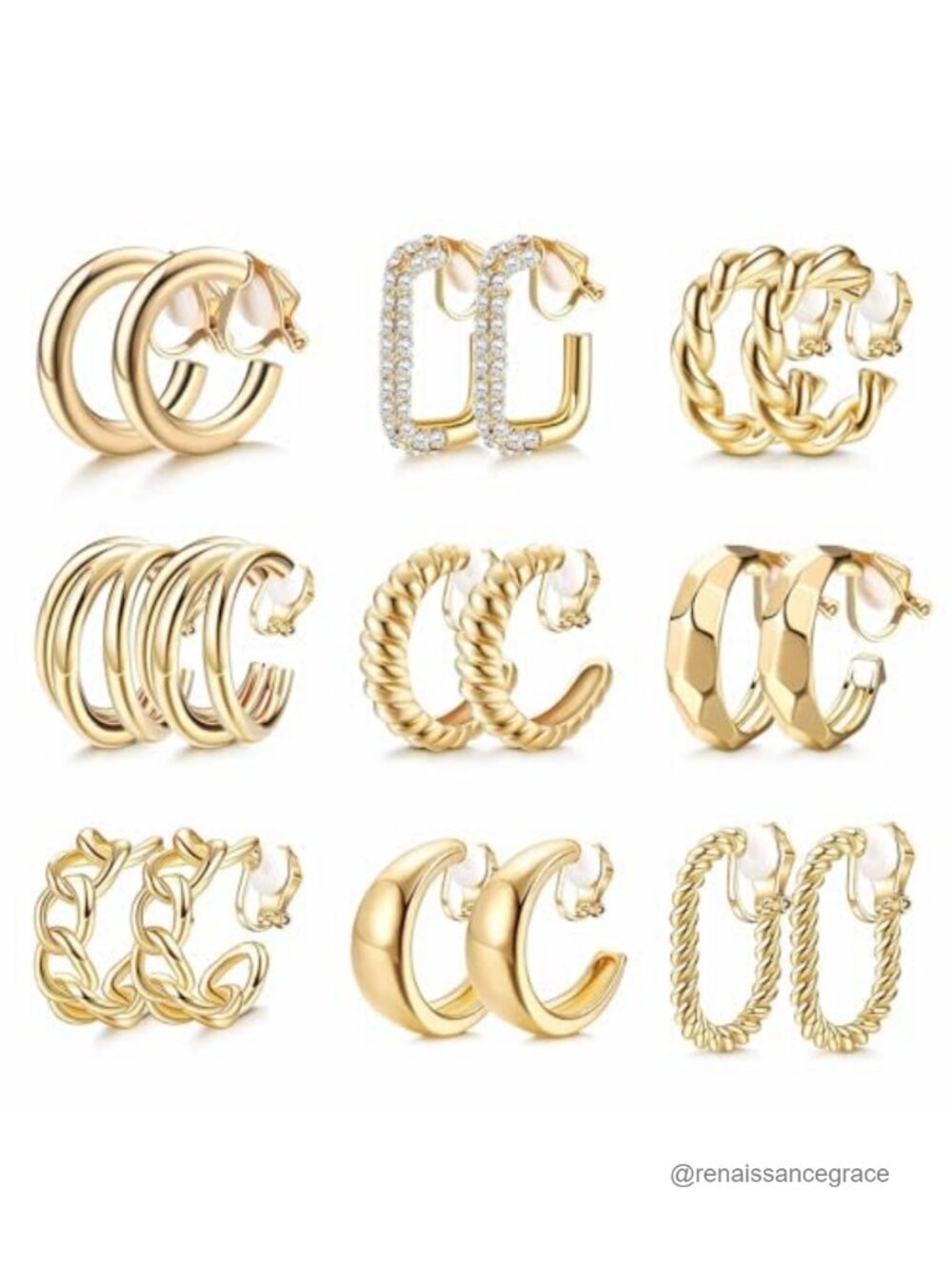 Clip On Earrings for Women, 9 Pairs, 14k Gold Plated Hoop Earrings